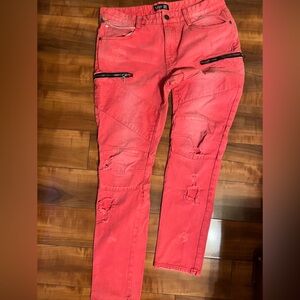 Slim Fit Distressed Men's Jeans - Coral Red